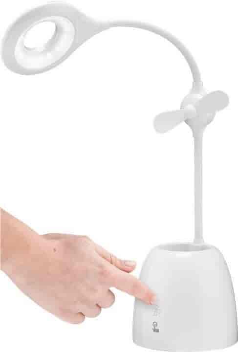 LED skrivebordslampe med mini ventilator og pen box