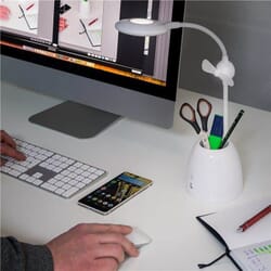 LED skrivebordslampe med mini ventilator og pen box