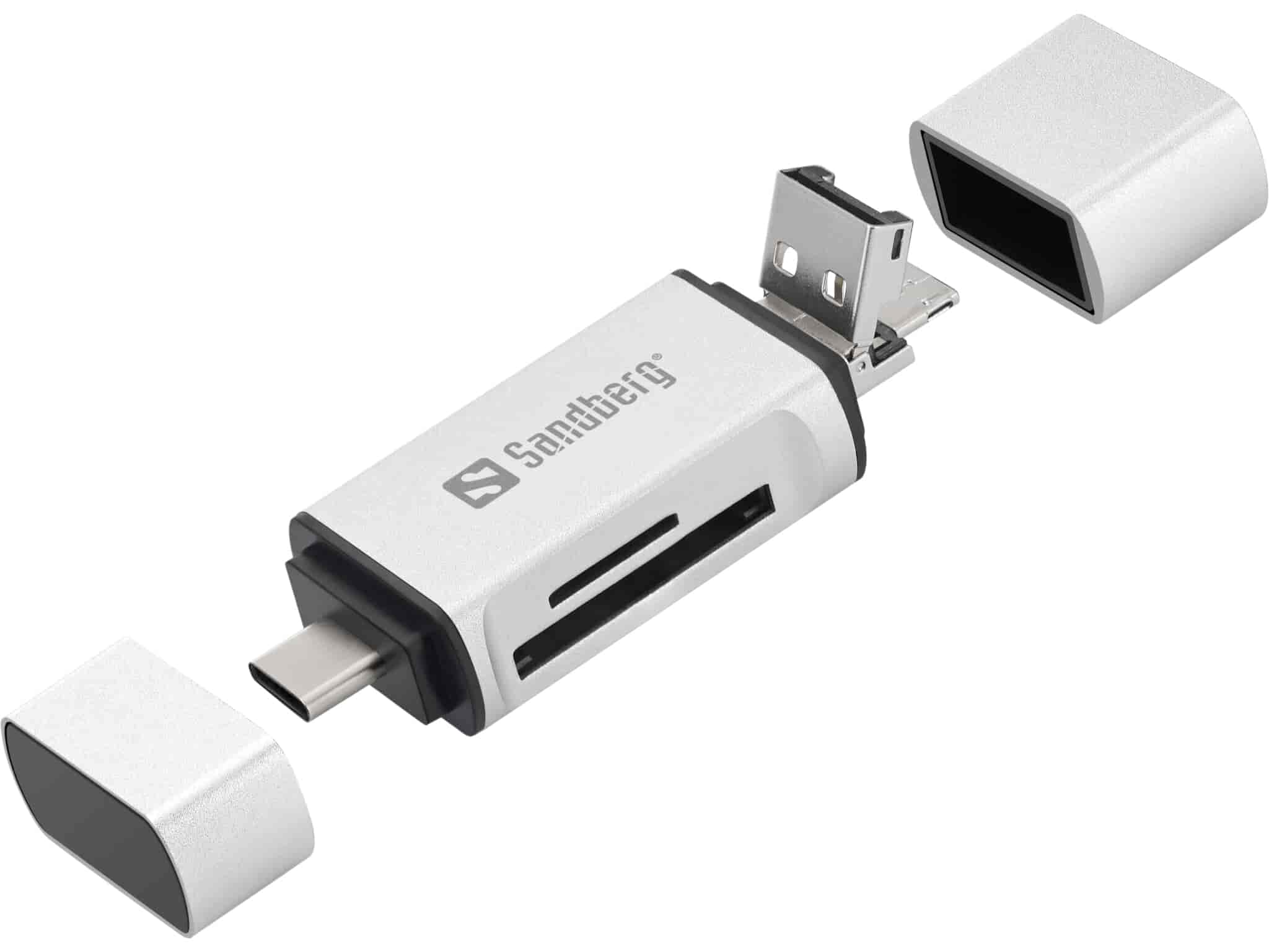 Kortlæser til USB-C+USB+MicroUSB. Læser SD og Mikcro SD kort. Solid udførelse.