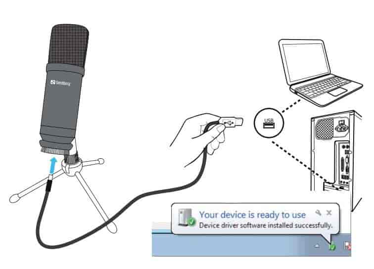 Så nemt tilsluttes USB mikrofonen. Mikrofon Streamer USB mikrofon på bordstativ, Sandberg