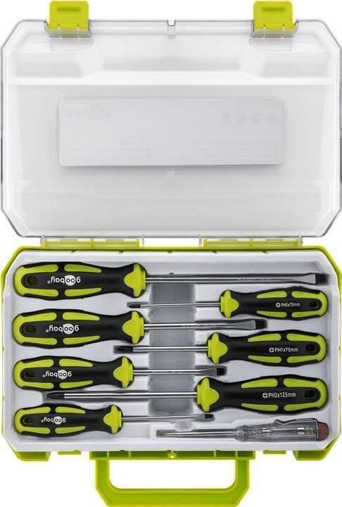 Skruetrækkersæt med fasetester/polsøger. Magnetisk spids, ergonomiske greb. 8 dele i box, CrV stål, Præcisionssæt