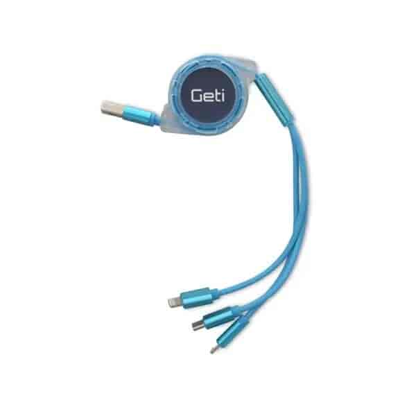 Oprullelig USB ladekabel 3i1 ,blå,1.1 meter