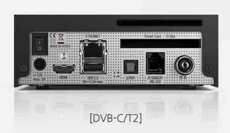Bagside VU+ Zero 4K UHD digitalmodtager til kabel TV og antenne TV. VU+ Zero 4K Linux UHD 1x DVB-C/T2 tuner. Kabel TV / Antenne 