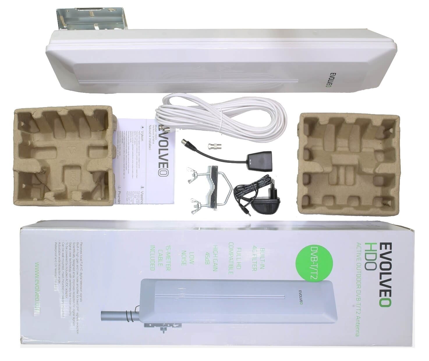 Udendørs TV antenne, komplet med strømforsyning og kabler og monteringsmatrialer