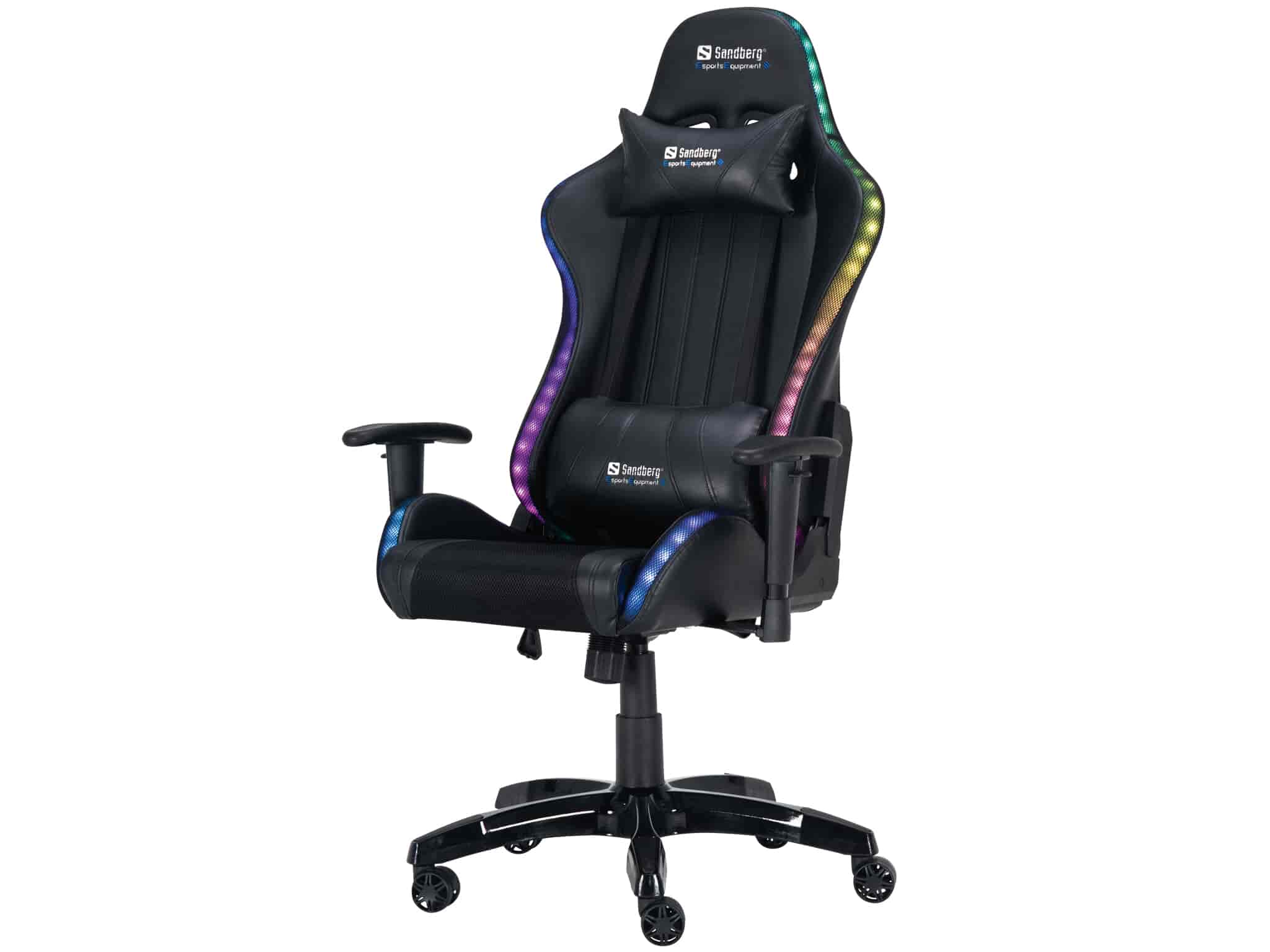 Sandberg Commander Gaming Chair RGBThe Sandberg Commander Gaming Chair RGB puts the finishing touches on any gaming setup. The gaming chair is embedded with RGB LED strips in the backrest and seat. You can choose from the full colour palette with hundreds of settings to play with on the remote included. The light is powered by a powerbank (not included), which can be placed in a pocket under the seat. The gaming chair is made of shiny PU leather, and there are also adjustable and removable cushions for your neck and back. Numerous position options enables you to optimise the chair to the most comfortable position for you.Sandberg