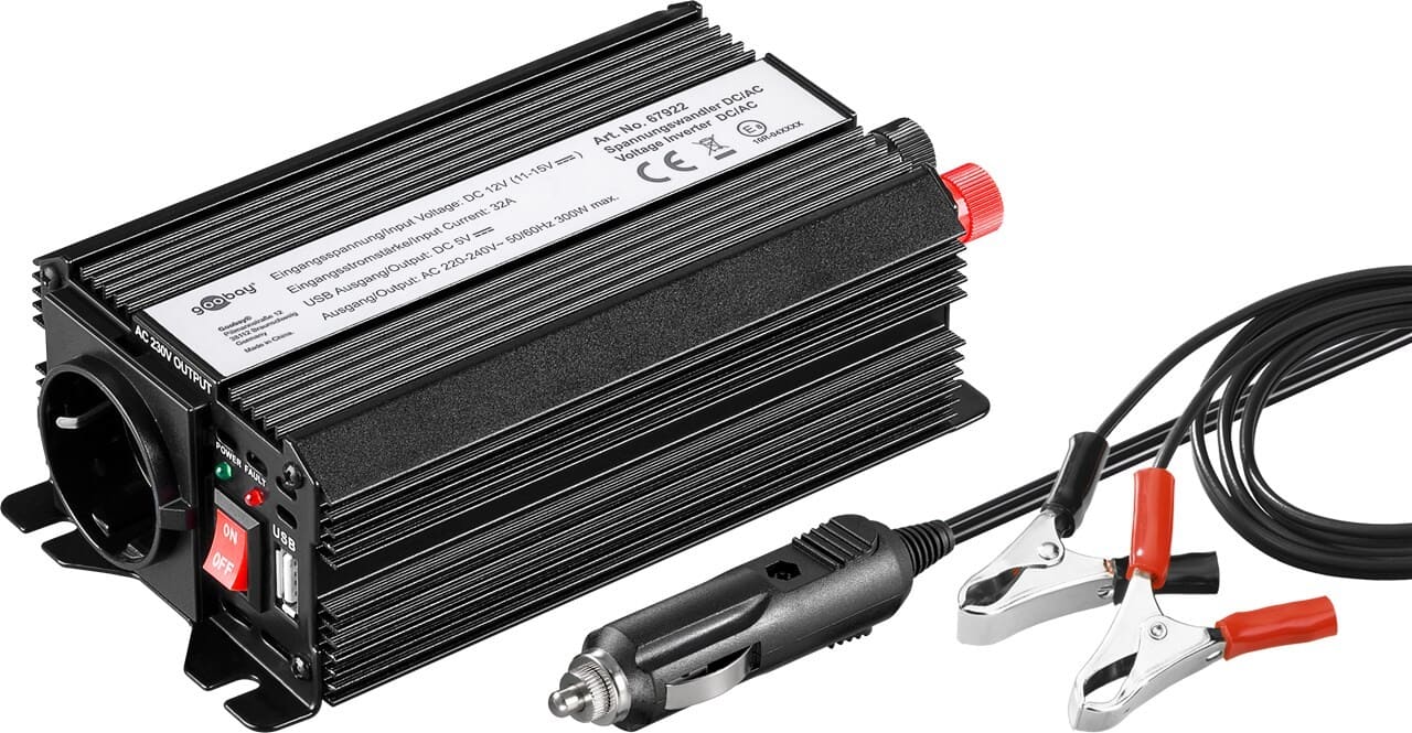 Inverter DC/AC, black - converts 12 V DC to 230 V ACInverter DC/AC, converts 12 V DC to 230 V AC. For operation of 230 V electronic devices at 12 V DC supply systems with USB charger port (2100 mA) and additional fan.goobay