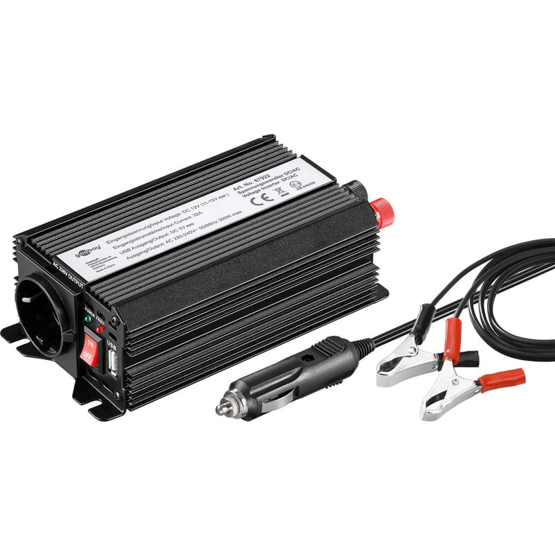 Inverter DC/AC, black - converts 12 V DC to 230 V ACInverter DC/AC, converts 12 V DC to 230 V AC. For operation of 230 V electronic devices at 12 V DC supply systems with USB charger port (2100 mA) and additional fan.goobay