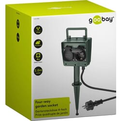 Outdoor socket on spear, 4 outlets, 230 v. Schuko plug, IP44 splashproofOutdoor socket developed for use in the garden. 4 safety sockets with earth, protected by covers. 2 meter long connecting cable with cast-in plug.goobay