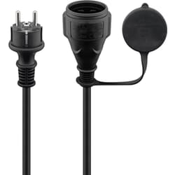 Power cable 5 m, black, 5 m - Safety plug (Type F, CEE 7/4) Safety socket (Type F, CEE 7/4)Extension cable 230 v.- 5 meters. With Schuko safety plug. Heavy-duty rubber cable for outdoor use. Extension cable made of a strong rubber cable with protective cover, safety plug and coupling for outdoor use, protection class IP44 (splashproof). Schukostik (Type F, CEE 7/4). 230. 16 Amp.goobay