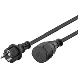 Power cable 5 m, black, 5 m - Safety plug (Type F, CEE 7/4) Safety socket (Type F, CEE 7/4)Extension cable 230 v.- 5 meters. With Schuko safety plug. Heavy-duty rubber cable for outdoor use. Extension cable made of a strong rubber cable with protective cover, safety plug and coupling for outdoor use, protection class IP44 (splashproof). Schukostik (Type F, CEE 7/4). 230. 16 Amp.goobay