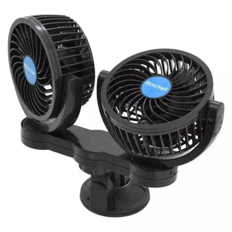 12V double car fan - adjustable fans with a robust stand and suction cup.