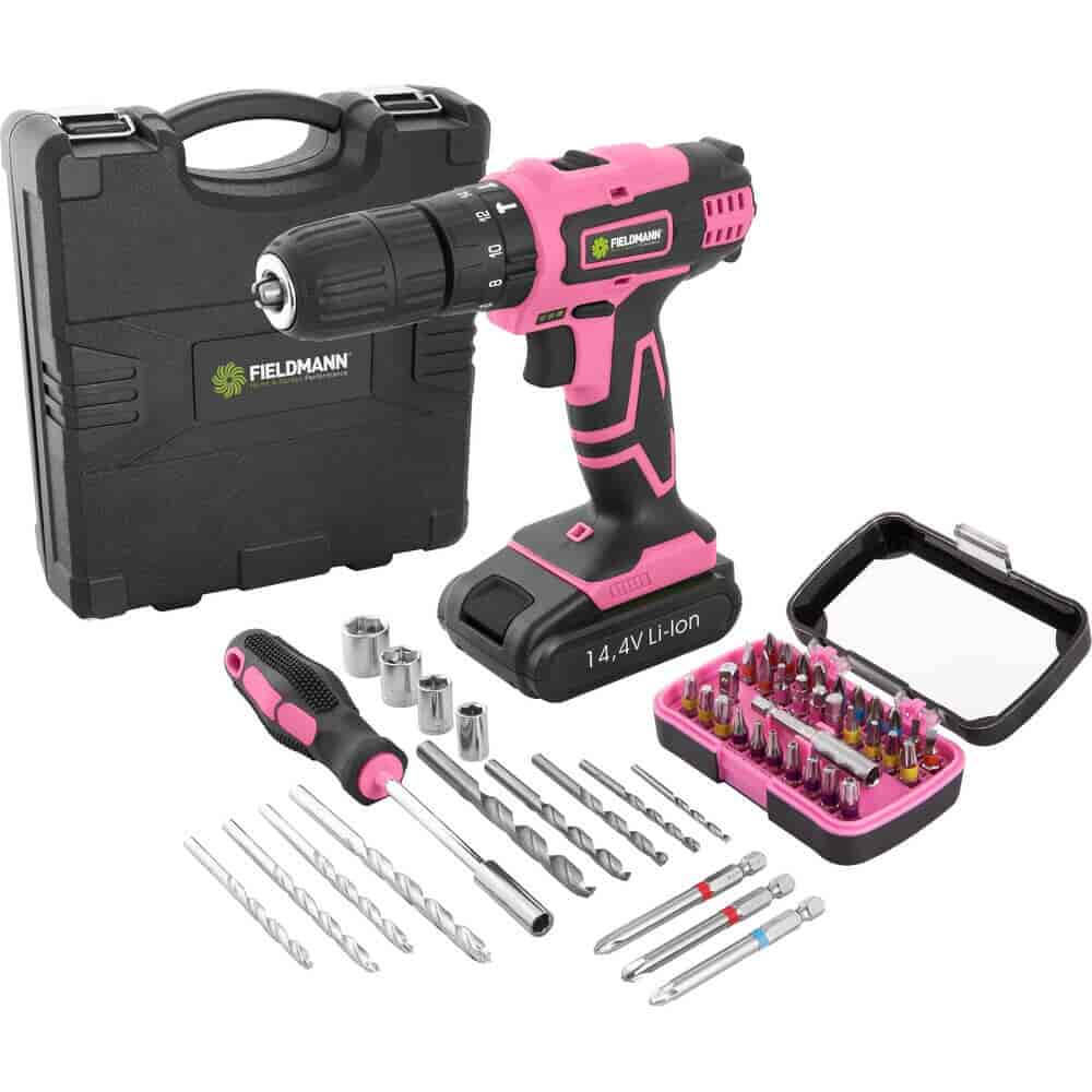 Lady II Drill screwdriver with impact - Pink - Accu 14.4 VoltLady II Drill screwdriver with impact. Practical and light cordless drill-screwdriver designed to tighten and loosen bolts and screws as well as drill in wood, metal, and plastic. Two-speed gearbox, Li-Ion battery, ergonomic design and LED light. The Lady II drill screwdriver comes with a drill-bit set and practical storage bag. 18 + 2 torque steps, right left-hand drive, 14.4 V Li-Ion 2000 mAh, with charger.Fieldmann