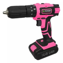 Lady II Drill screwdriver with impact - Pink - Accu 14.4 VoltLady II Drill screwdriver with impact. Practical and light cordless drill-screwdriver designed to tighten and loosen bolts and screws as well as drill in wood, metal, and plastic. Two-speed gearbox, Li-Ion battery, ergonomic design and LED light. The Lady II drill screwdriver comes with a drill-bit set and practical storage bag. 18 + 2 torque steps, right left-hand drive, 14.4 V Li-Ion 2000 mAh, with charger.Fieldmann