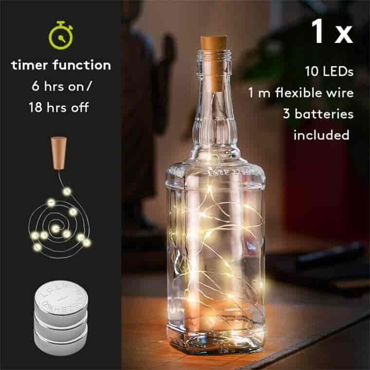 Light chain for bottles. Bottle string light with 10 LEDs, incl. timer