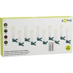 10 wireless LED Christmas tree candles10 wireless LED Christmas tree candles with clips and IR remote control for controlling timer, light modes &amp; dimmer. Set of 10 white, wireless LED candles (each 1.5 x 10 cm) for festive Christmas lightinggoobay