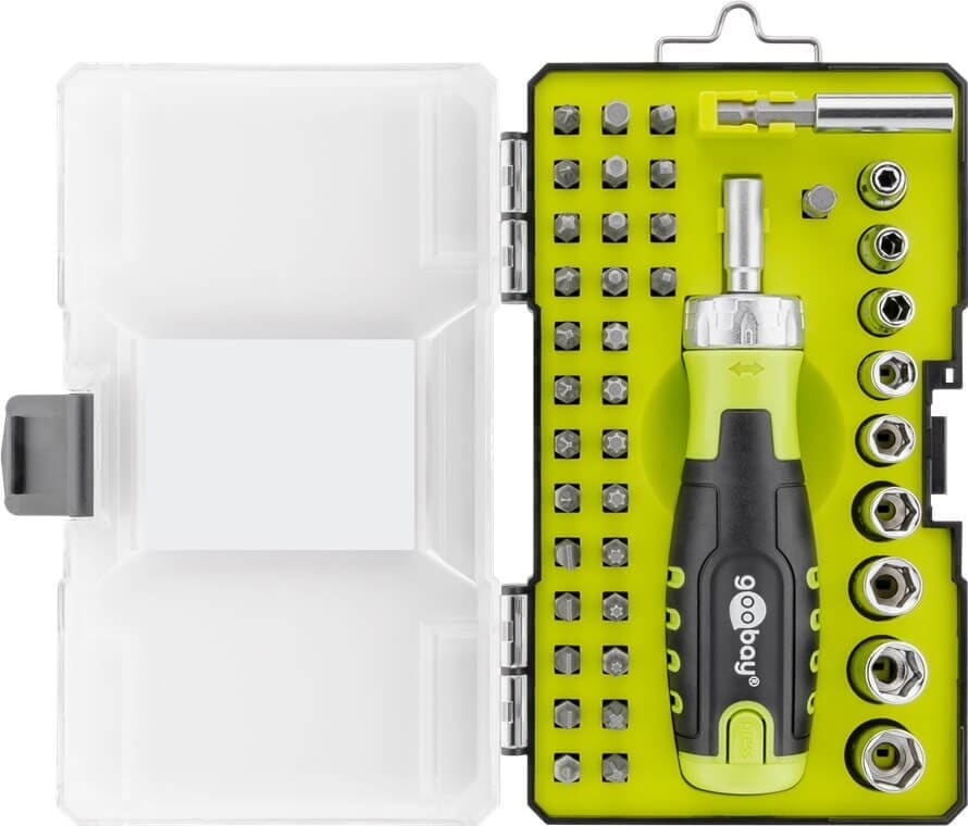 Stort skruetrækkersæt med skraldefunktion og bits, 42 i 1