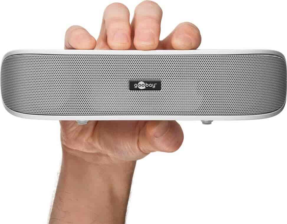 SoundBar stereo speaker with USB plug, whiteEasy, stylish, and compact - this is how beautiful an appealing sound upgrade for notebooks and tablets can look! The compact 2-way speaker has a passive subwoofer membrane and, with its digital amplifier, it offers remarkable sound and appealing volume. The integrated sound card makes it completely plug 'n play ready via USB with any appropriately equipped PC, Mac, monitor, or TV. Alternatively, the SoundBar can also be connected to many smartphones or tablets via a classic AUX connection and can even run for several hours on battery when you're on the go.goobay