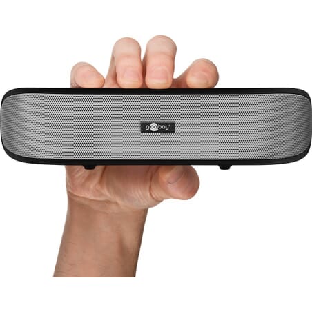 SoundBar stereo speaker with USB plug, BlackEasy, stylish, and compact - this is how beautiful an appealing sound upgrade for notebooks and tablets can look! The compact 2-way speaker has a passive subwoofer membrane and, with its digital amplifier, it offers remarkable sound and appealing volume. The integrated sound card makes it completely plug 'n play ready via USB with any appropriately equipped PC, Mac, monitor, or TV. Alternatively, the SoundBar can also be connected to many smartphones or tablets via a classic AUX connection and can even run for several hours on battery when you're on the go.goobay