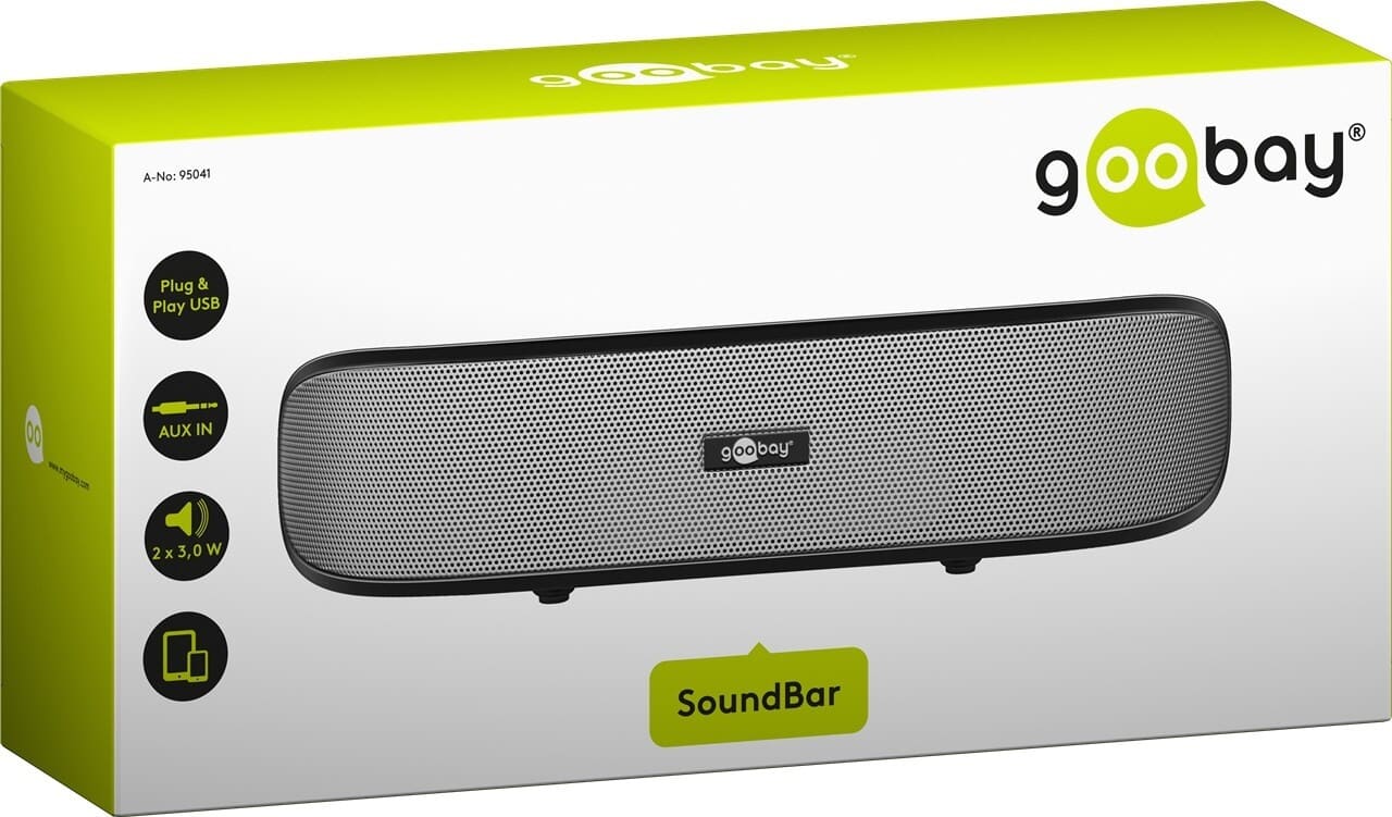 SoundBar stereo speaker with USB plug, BlackEasy, stylish, and compact - this is how beautiful an appealing sound upgrade for notebooks and tablets can look! The compact 2-way speaker has a passive subwoofer membrane and, with its digital amplifier, it offers remarkable sound and appealing volume. The integrated sound card makes it completely plug 'n play ready via USB with any appropriately equipped PC, Mac, monitor, or TV. Alternatively, the SoundBar can also be connected to many smartphones or tablets via a classic AUX connection and can even run for several hours on battery when you're on the go.goobay