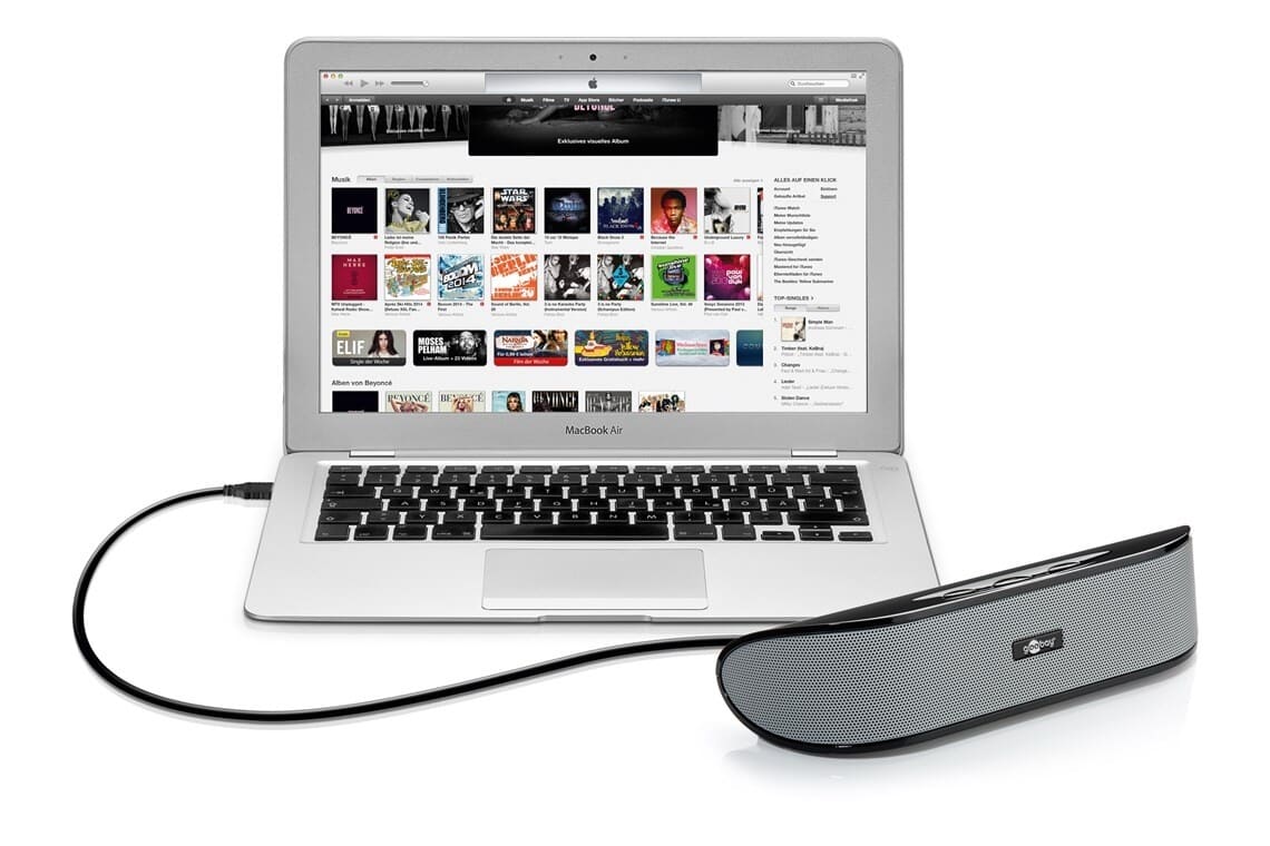 SoundBar stereo speaker with USB plug, BlackEasy, stylish, and compact - this is how beautiful an appealing sound upgrade for notebooks and tablets can look! The compact 2-way speaker has a passive subwoofer membrane and, with its digital amplifier, it offers remarkable sound and appealing volume. The integrated sound card makes it completely plug 'n play ready via USB with any appropriately equipped PC, Mac, monitor, or TV. Alternatively, the SoundBar can also be connected to many smartphones or tablets via a classic AUX connection and can even run for several hours on battery when you're on the go.goobay