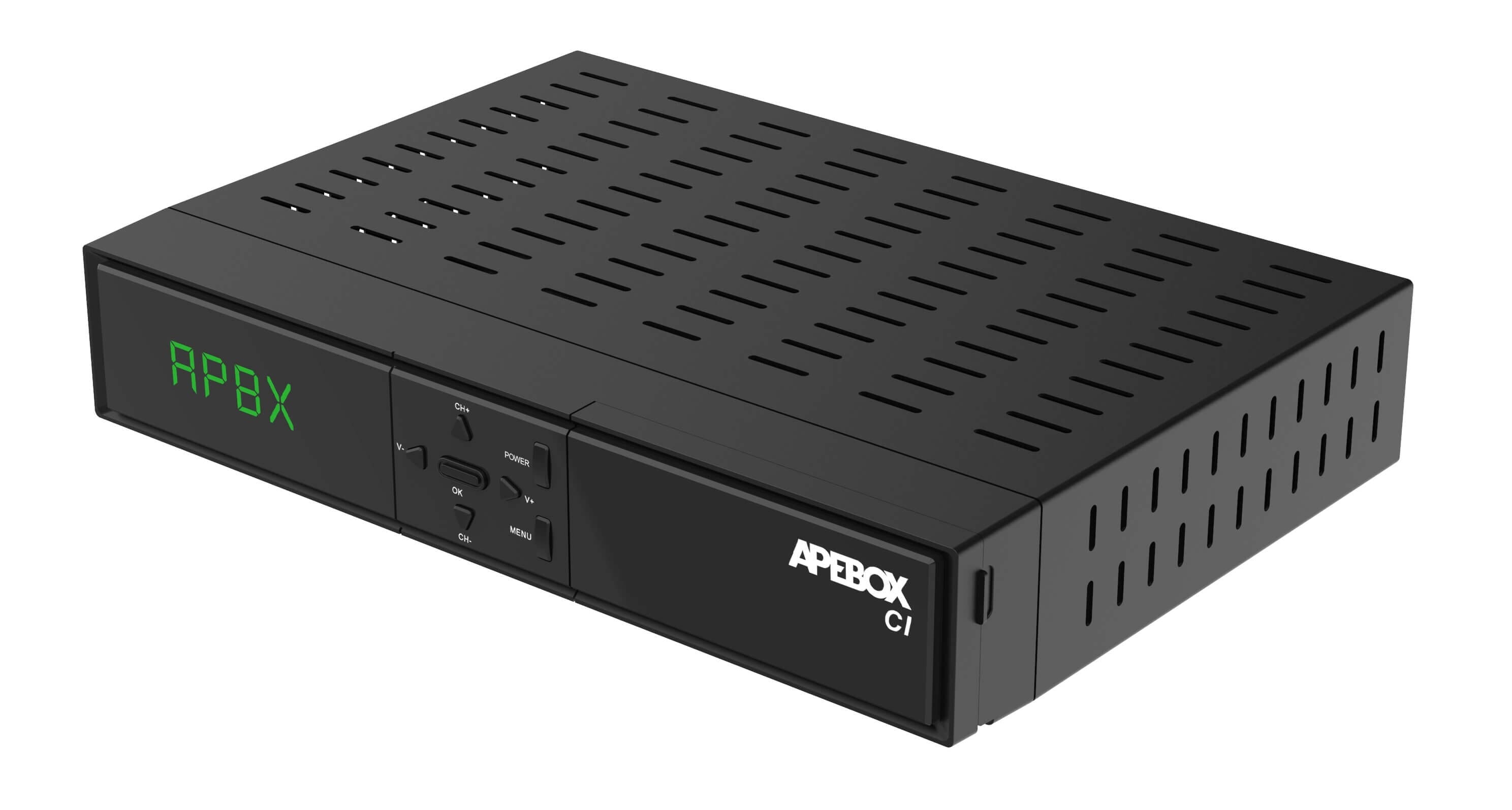 Apebox CI DVB-S2 Multistream + DVB-T2/C (Combo) TV BoxApebox CI is a new DVB-S2 Multistream + DVB-T2 / C (Combo) receiver with Common Interface (CI) and card reader. A super-powerful H.265 HEVC processor ensures the best picture quality, fast zapping, and menu operation. The ApeBox CI receives the full range of satellite, antenna, and cable TV. Well equipped with Ethernet 100Mbps LAN for IPTV, Internet applications, and streaming. A TV Box with many features at a very reasonable price - with an incredible number of features.Apebox