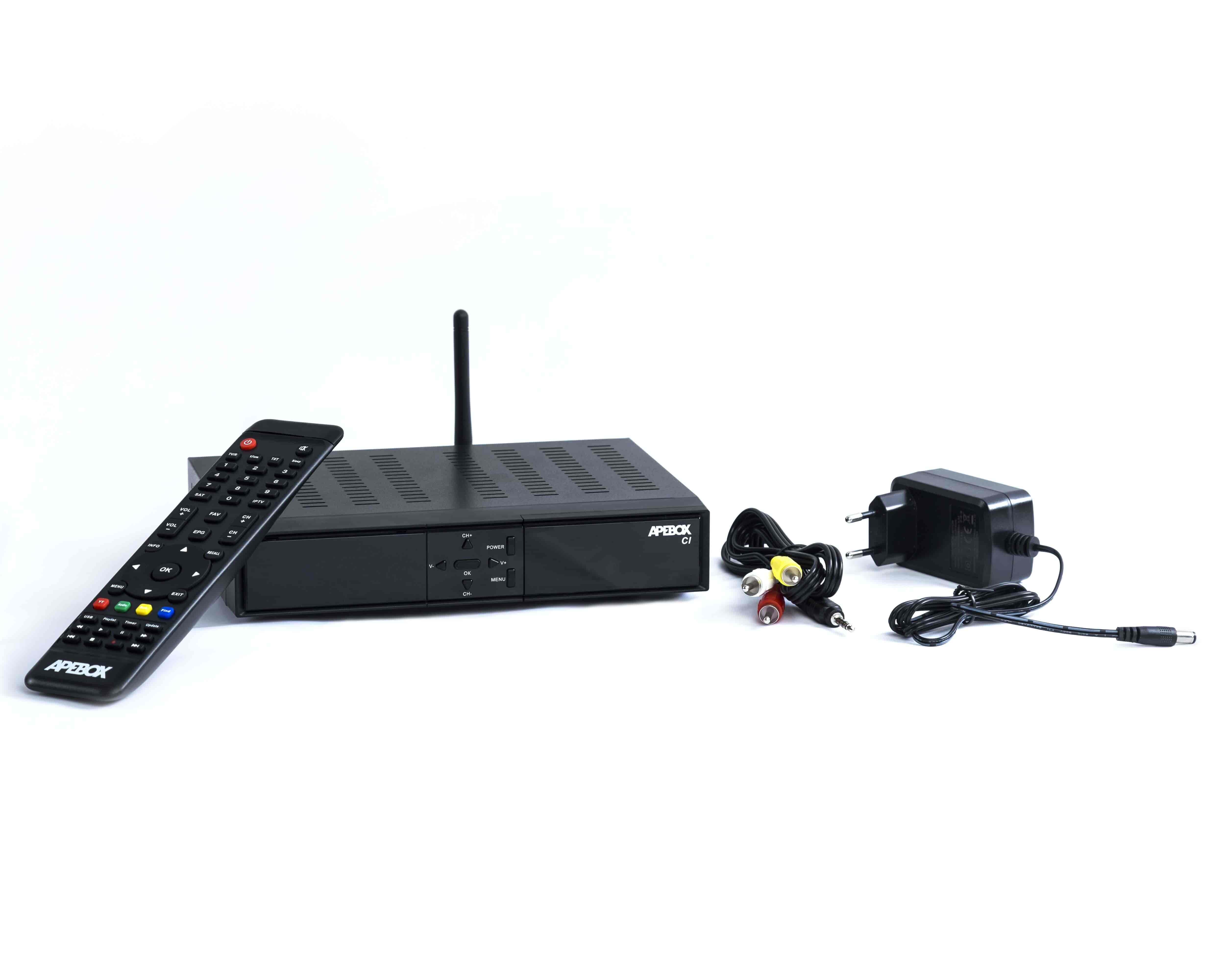 Apebox CI DVB-S2 Multistream + DVB-T2/C (Combo) TV BoxApebox CI is a new DVB-S2 Multistream + DVB-T2 / C (Combo) receiver with Common Interface (CI) and card reader. A super-powerful H.265 HEVC processor ensures the best picture quality, fast zapping, and menu operation. The ApeBox CI receives the full range of satellite, antenna, and cable TV. Well equipped with Ethernet 100Mbps LAN for IPTV, Internet applications, and streaming. A TV Box with many features at a very reasonable price - with an incredible number of features.Apebox