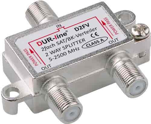 2 way splitter for radio, TV and SAT signals2 way splitter for radio, TV and SAT signals. Easily distribute radio, TV and satellite signals around the house.DC diode decoupled. With return channel. High shielding with solid zinc housing. Powerpass on all connections. Suitable for Unicable installations. Connects with standard F connector.DuraSat