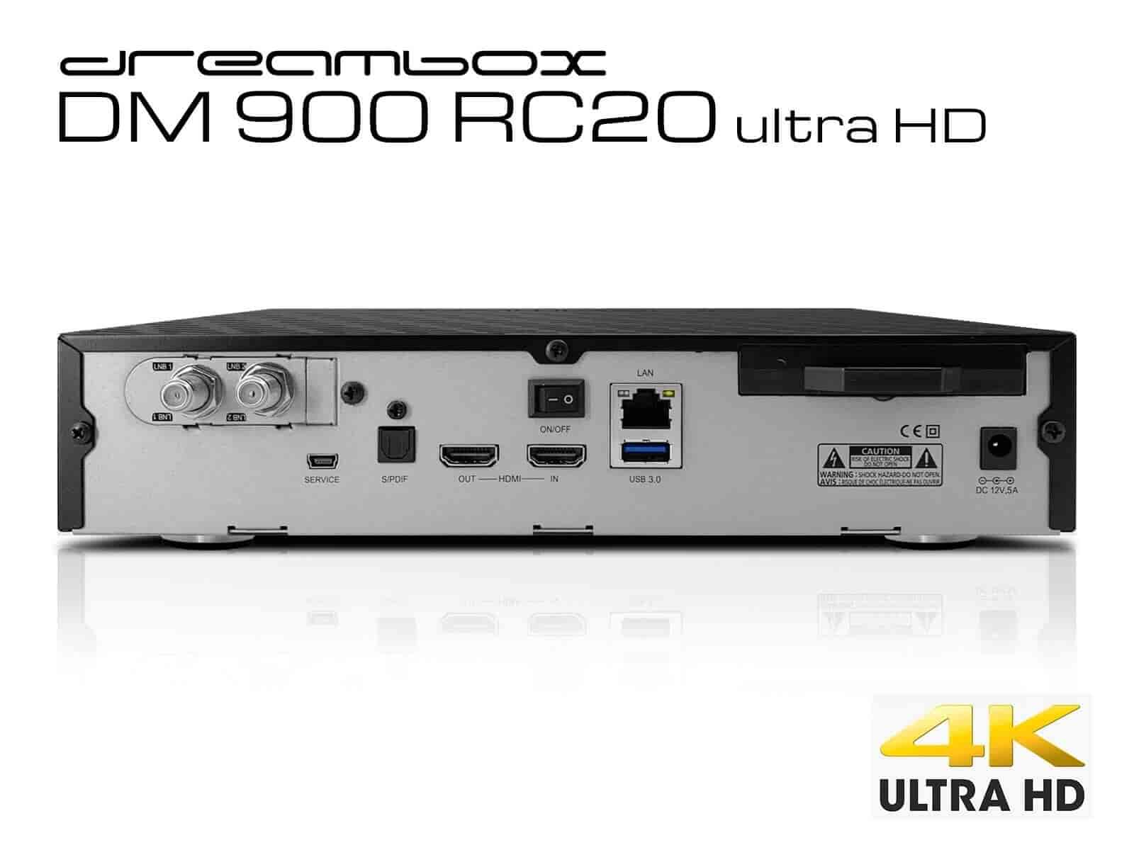Dreambox DM900 RC20 UHD 4K E2 receiver 1x DVB-S2X MIS Dual TunerDreambox DM900 RC20 UHD 4K. The first Ultra-HD Dreambox combines all the quality features for which the Dreambox brand is renowned worldwide: powerful hardware, enormous computing power as well as the continuously evolved Dreambox OS provide the foundation of an Ultra-HD media system that is optimally prepared for the demands of the digital TV of the future.Dream Multimedia - Dream Property
