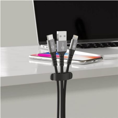 Self-adhesive cable holder for table - set of 6 pieces, blackSelf-adhesive cable holder. Set of 6 pcs. cable holders with 3M adhesive pad. Flexible cable management that fixes cables and wires. Prevents wires from falling behind and under the desk. Also perfect for cabling under the desk.goobay