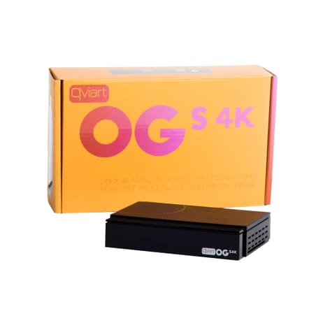 Qviart OGs 4K UHD DVB-S2 - IPTV TV boks - 4K SAT og IPTV i samme boks.QVIART LUNIXIPTV modtagere Sort Qviart OGs 4K er en kraftfuld, stabil, hurtig og brugervenlig 4K UHD DVB-S2 parabolmodtager og IPTV modtager. Qviart OGs Linux Satellite UHD Multistream OTT 4K H.265 mediamodtager er til dig, der ønsker tingene enkle og effektive i en full 4K IPTV DVB-S2 Set Top Box - til en super skarp pris. Qviart OGs 4K byder på en lang række features eksempelvis import og eksport af Enigma2 kanallister, EPG, Auto fast scan, PVR mulighed og timeshift. På IPTV siden finder du den nyeste QTV Online TV (Stalker) applikation samt Xtream og M3U. Flere IPTV-funktioner garanterer den fulde IPTV-oplevelse i denne lille, men kraftfulde boks,som også understøtter applikationer som Netflix, Amazon prime, YouTube osv. Kombineret 4K UHD DVB-S2 SAT modtager og IPTV TV boks i 4K udgave - til en super pris.