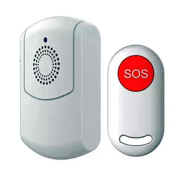 SOS Personlig Alarm - op til 100 M. rækkevidde - sender og modtager.GetiPersonlig alarm Hvid Denne trådløse personlige alarm med en SOS-knap bruges til straks at kalde efter hjælp. Ved at trykke på SOS-knappen giver modtagerenheden en høj lyd, samtidig vibrerer den og blinker. Rækkevidden fra SOS senderen til modtagerenhed er op til 100 meter i det fri. For dig der har brug for en simpel alarm, der kan give en advarsel til ægtefælle eller pårørende i et andet rum, eller måske en nabo hvis rækkevidden tillader det. Alarmen består af en trådløs sender og modtager. SOS-knappen kan bæres rundt om halsen på en rem eller fastgøres på håndleddet. Lav vægt, slagfasthed og en lang batterilevetid garanterer alle den daglige pålidelige brug af personsøgeren. Learning Code-funktionen gør det muligt at parre den med andre modtagere, SOS-knapper eller dørklokker fra GWD-serien.