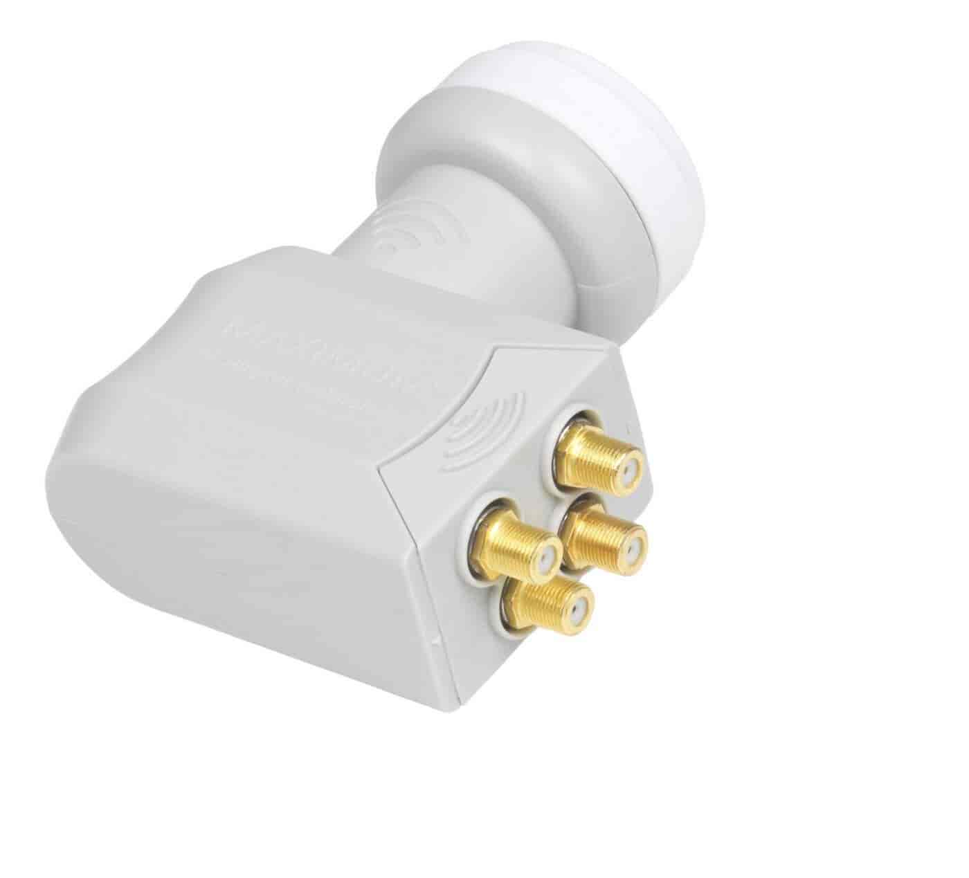 Maximum Quad LNB hoved PQ-4 til 4 modtagere. 0.1 dBMaximumQuad LNB - 4 seperate LNB udgange Hvid Maximum quad LNB PQ-4 er et LNB hovede der leverer samtidigt signal til 4 parabolmodtagere eller til 2 twin modtagere. Hver udgang leverer et selvstændigt signal og 4 modtagere kan derfor køre uafhængigt af hinanden. Low noise, høj ydelse og nyeste PLL teknologi kendetegner Maximum Quad LNB'en. 68 dB gain og et støjtal på 0.1 dB sikrer godt signal.  BEGRÆNSET ANTAL.