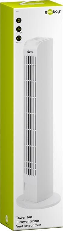 Smart tower fan with three power levels. 230V/45W, WhiteSmart tower fan with three power levels, very simple and easy operation This powerful tower fan has a 45-watt electric motor. and is super easy to operate. Just select one of the 3 steps and the fan is running. Enjoy a nice cooling breeze. Instructions for use included.goobay