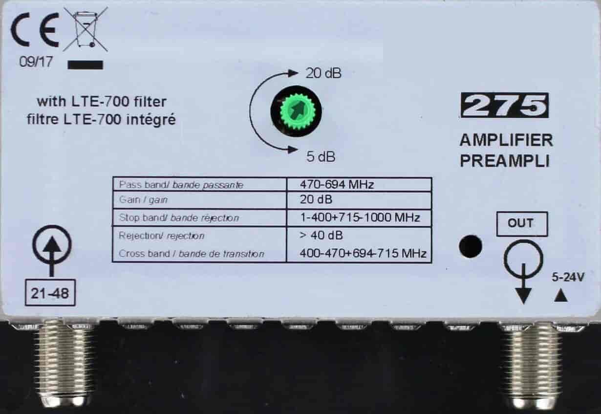 Antenna amplifier LTE-700 with LTE / 4G filter, 5-20 dB, 0-24 Volts
