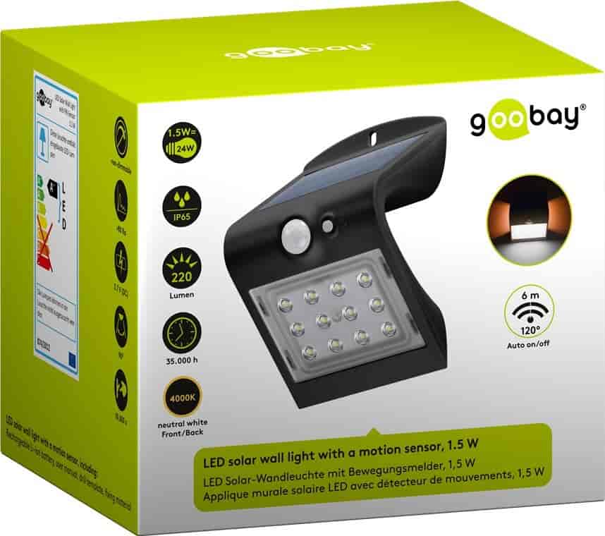 LED Solcelle udendørs lampe med sensor, 1.5 W, Belysning til indgang, carport, gangarealer og trapper.goobayBelysning & El Sort LED Solcelle lampe med sensor - Smart belysningsløsning til indgangspartier, carporte, gangarealer og trapper. LED Solar lampen kræver ikke at du skal trække ledninger - den oplades automatisk med solens hjælp. Hurtig monteret. LED Solcelle lampen indeholder en IR sensor og kan indstilles i flere tilstande, f.eks. så den lyser op ved bevægelse i nærheden. IP65 tæthedsklasse - konstrueret til udendørs anvendelse og har perfekt beskyttelse under alle vejrforhold (-20 ～ 50 ° C). Trendy design med strømlinet form og smukke lyseffekter. Skab hurtigt og nemt en flot belysningsløsning.