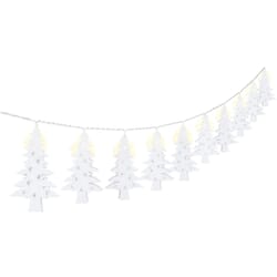 LED light chain Christmas tree, white figures, warm white lightDecorative battery powered LED light chain with Christmas trees. Automatic timer can be activated so that it is switched on for 6 hours and switched off for 18 hours per. Day. Elegant decoration for winter and Christmas days. Perfect for every Christmas and winter decoration. The beautiful chain of lights spreads a pleasant light and a festive atmosphere. Each lamp is decorated with a metal pendant in the shape of a white Christmas tree.goobay