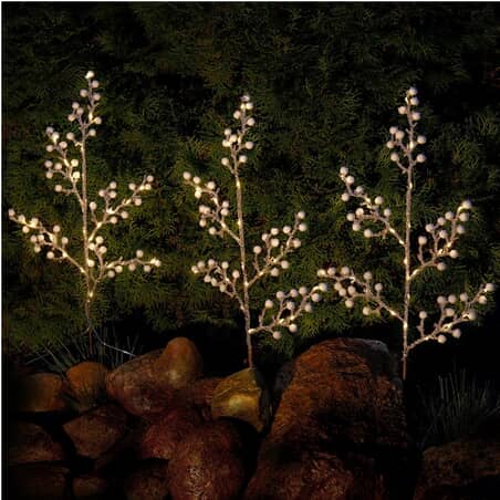 Dekoration til have - LED lyskæde med 3 lysende træer, batteridrevet, varm hvid - havedekoration med lys.