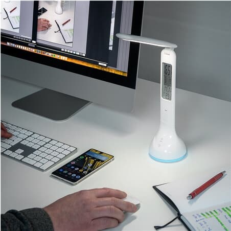 LED table lamp with mood light, calendar, clock and temperature display. Rechargeable.