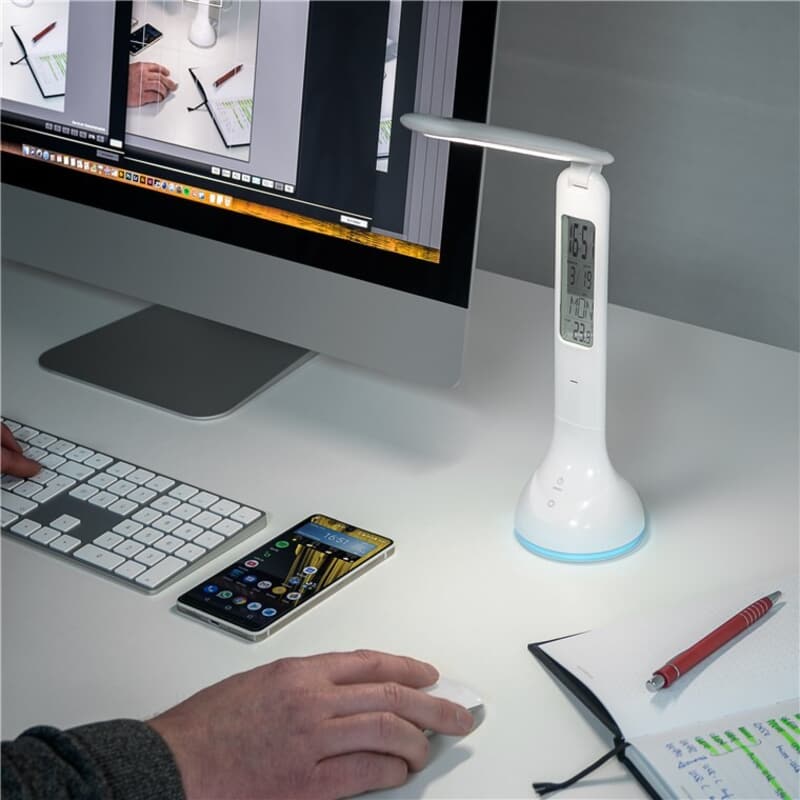 LED table lamp with mood light, calendar, clock and temperature display. Rechargeable. LED table lamp with mood light, calendar, clock and temperature display. Rechargeable.