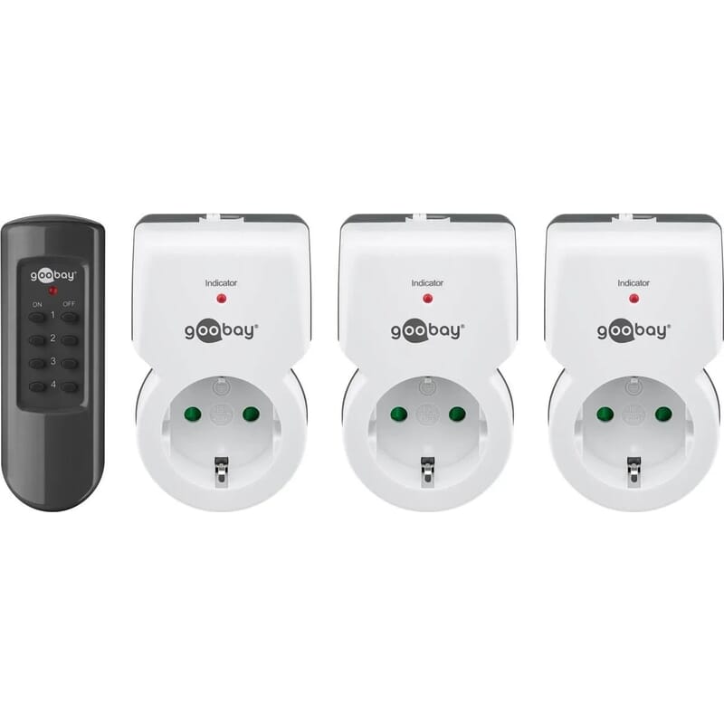 Remote controlled sockets 3+1 230V-1100WComplete set with 3 pcs. remote sockets and associated remote control. Perfect if you need to turn on and off hard-to-reach sockets or just want the ability to turn on and off remotely. Lamps and other electrical equipment up to 1100 Watts can be connected. Range up to 30 meters. Turn your lights on and off from the sofa ....goobay