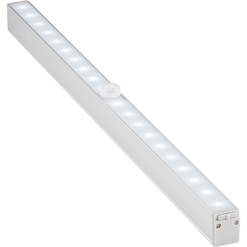 Smart LED light rail - cabinet lamp with sensor, battery poweredSmart lighting solution for e.g. the wardrobe. The LED rail with battery is a quick and easy solution to missing light in cabinets, bookcases, display cases, display cabinets, corridors and many other places. Smart solution that can light up automatically and start when it is dark. Alternatively, you can turn it on and off yourself. 6500 Kelvin cold white light provides a comfortable and clear lighting. Easy installation with magnetic strips and 3M adhesive tape or included screws and brackets.goobay