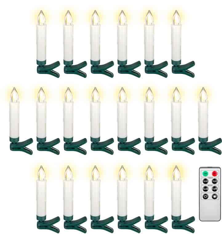20 wireless LED Christmas tree candles20 wireless LED Christmas tree candles with clips and IR remote control for controlling timer, light modes &amp; dimmer. Set of 20 white, wireless LED candles (each 1.5 x 10 cm) for festive Christmas lightinggoobay