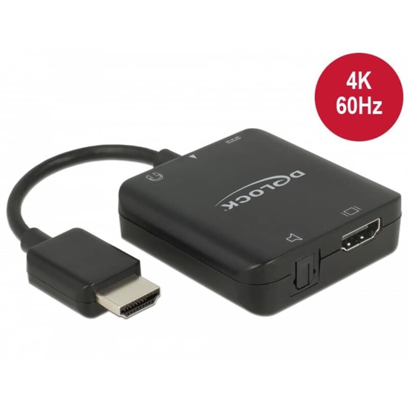 Delock HDMI Audio Extractor 4K 60 Hz compact - udtræk lyd fra HDMIN.A.Digital - Analog converter Sort Delock HDMI Audio Extractor 4K 60 Hz compact kan bruges til at udtrække lydsignalet fra en HDMI-transmission. Mens videosignalet vises på et tv eller en skærm, kan lydsignalet sendes digitalt (S/PDIF) eller analogt (stereo) til andre enheder, såsom hovedtelefoner eller en surround-modtager. Delock HDMI Audio Extractor 4K 60 Hz compact - udtræk lyd fra HDMIN.A.Digital - Analog converter Sort Delock HDMI Audio Extractor 4K 60 Hz compact kan bruges til at udtrække lydsignalet fra en HDMI-transmission. Mens videosignalet vises på et tv eller en skærm, kan lydsignalet sendes digitalt (S/PDIF) eller analogt (stereo) til andre enheder, såsom hovedtelefoner eller en surround-modtager.
