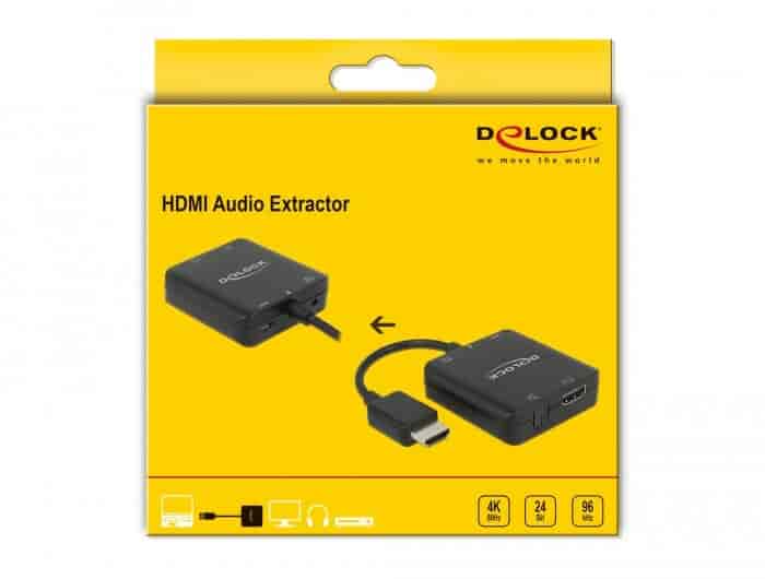 Delock HDMI Audio Extractor 4K 60 Hz compact - udtræk lyd fra HDMIN.A.Digital - Analog converter Sort Delock HDMI Audio Extractor 4K 60 Hz compact kan bruges til at udtrække lydsignalet fra en HDMI-transmission. Mens videosignalet vises på et tv eller en skærm, kan lydsignalet sendes digitalt (S/PDIF) eller analogt (stereo) til andre enheder, såsom hovedtelefoner eller en surround-modtager. 
