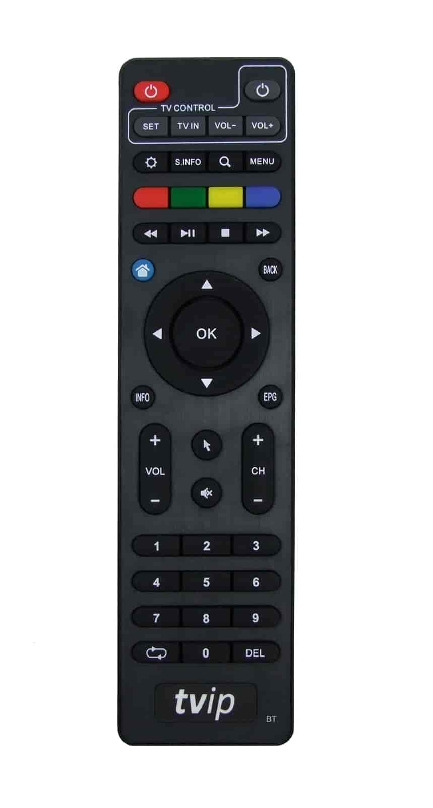 TVIP S-Box remote control with Bluetooth for TVIP 4xx / 5xx / 6xx, IR + BluetoothIR and Bluetooth remote control for IPTV stream boxes from TVIP. Control your TVIP box with IR or Bluetooth. Control your TVIP IP box comfortably combined with infrared and bluetooth. Bluetooth works with TVIP stream boxes TVIP 525, 605, 615 &amp; 415se.TVIP