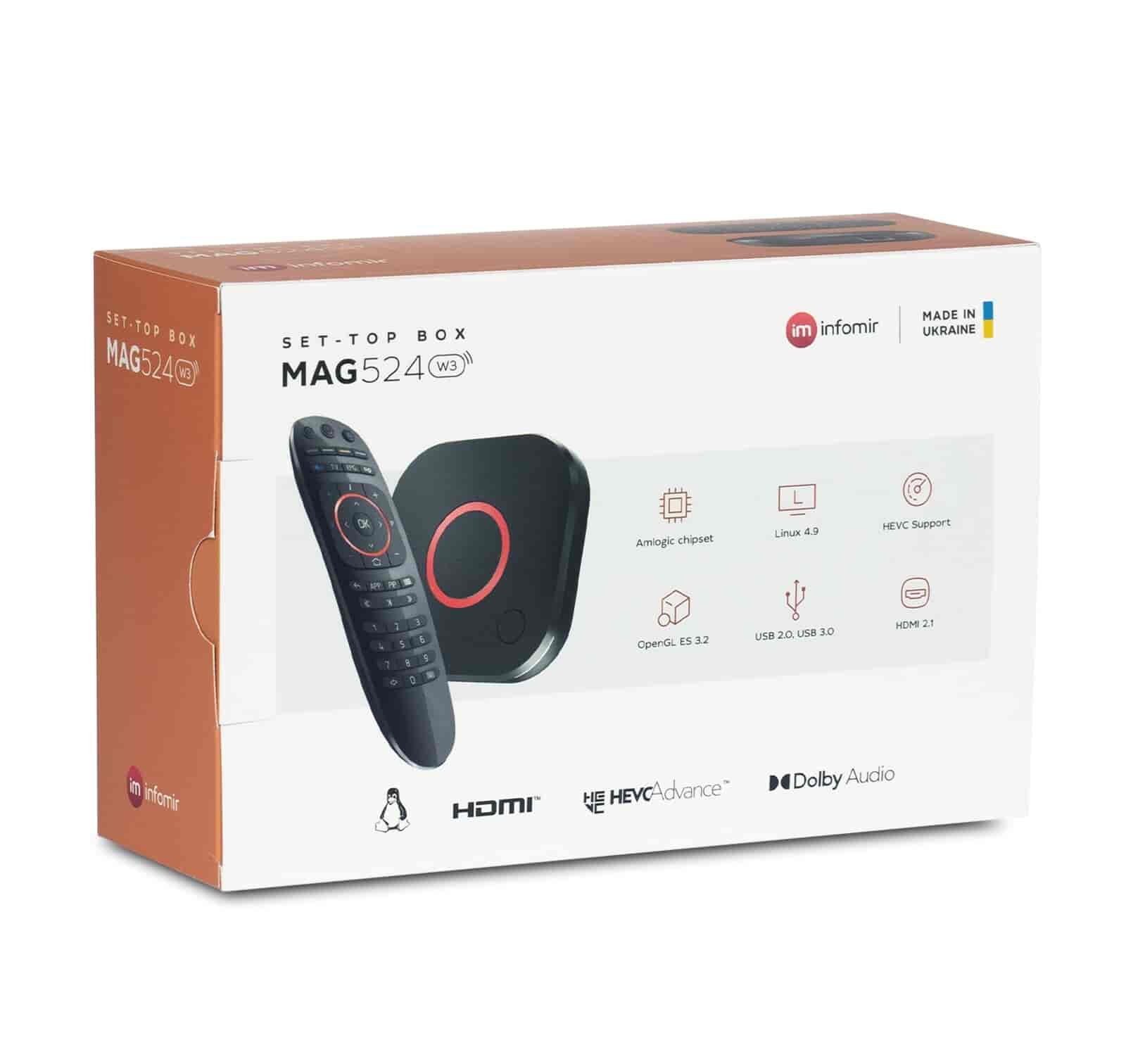 MAG 524w3 IPTV Internet Streamer HEVC H.265 4K UHD inkl. Dual Band Wifi 60FPS Linux USB 3.0 LAN HDMIInfomirIPTV modtagere Sort MAG 524w3 er en højtydende 4K Linux set-top-boks. Denne enhed, den næste generation af MAG-modeller, er udstyret med et Amlogic S905X2-chipsæt, en ny GPU og en 25 % kraftigere ARM Cortex-A53-processor. MAG524w3 giver streamingoperatører mulighed for at levere uafbrudt service med høj kvalitet. JS API, der bruges i MAG-enheder, sikrer nem migrering fra ældre MAG-set-top-bokse til nyere modeller. MAG524w3 kan integrere tredjeparts middleware og CAS/DRM. Linux 4.9, Amlogic S905X2 chipset, infrarød fjernbetjening, 4K og HEVC support, 1 GB RAM, 4 GB eMMC, HDMI 2.1 port, USB 3.0, USB 2.0. OBS: MAG524w3 kan kun anvendes med Ministra v. 5.6.6.