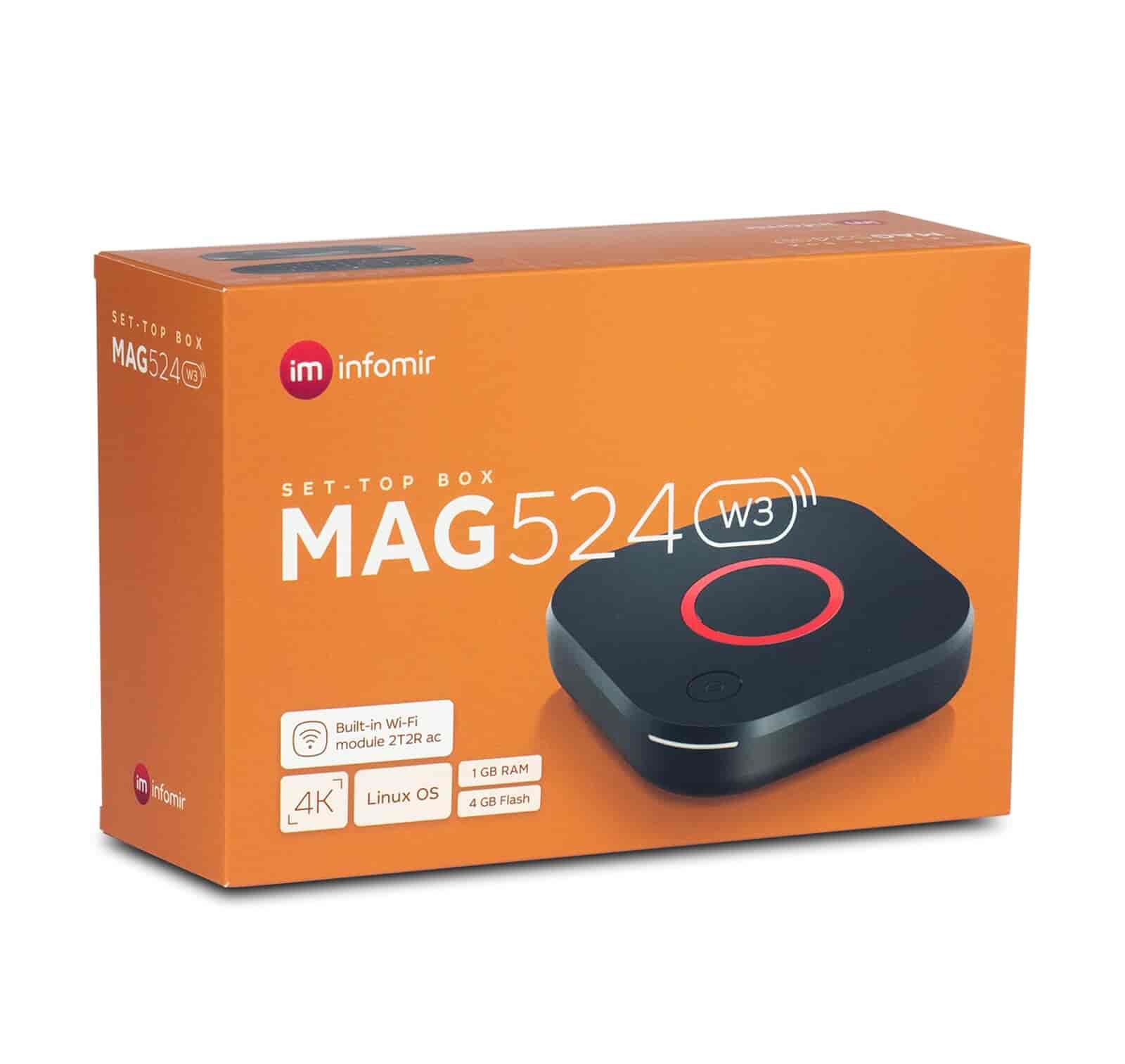 MAG 524w3 IPTV Internet Streamer HEVC H.265 4K UHD inkl. Dual Band Wifi 60FPS Linux USB 3.0 LAN HDMIInfomirIPTV modtagere Sort MAG 524w3 er en højtydende 4K Linux set-top-boks. Denne enhed, den næste generation af MAG-modeller, er udstyret med et Amlogic S905X2-chipsæt, en ny GPU og en 25 % kraftigere ARM Cortex-A53-processor. MAG524w3 giver streamingoperatører mulighed for at levere uafbrudt service med høj kvalitet. JS API, der bruges i MAG-enheder, sikrer nem migrering fra ældre MAG-set-top-bokse til nyere modeller. MAG524w3 kan integrere tredjeparts middleware og CAS/DRM. Linux 4.9, Amlogic S905X2 chipset, infrarød fjernbetjening, 4K og HEVC support, 1 GB RAM, 4 GB eMMC, HDMI 2.1 port, USB 3.0, USB 2.0. OBS: MAG524w3 kan kun anvendes med Ministra v. 5.6.6.