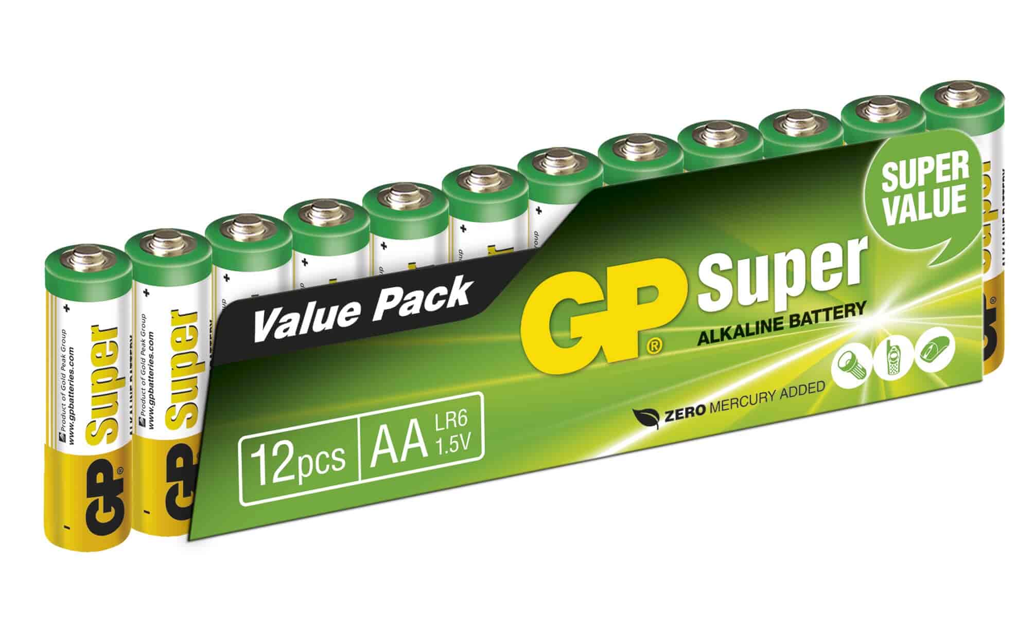 AA Batteri 1.5 Volt - Økonomipakke GP Super alkaline batteri AA 12 pak