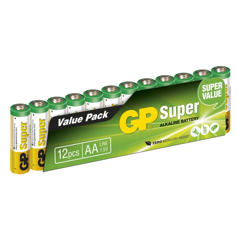 AA Batteri 1.5 Volt - GP Super alkaline batteri AA 12 PackAA Battery 1.5 Volt - GP Super alkaline battery AA. Longlife alkaline battery with a good balance between lifetime and price. Can be used for most tasks. AA batteries are also called LR6, E91 or Mignon. Diameter 14.5 mm. length 50.5 mm. - 12 PackGP AA Batteri 1.5 Volt - GP Super alkaline batteri AA 12 PackAA Battery 1.5 Volt - GP Super alkaline battery AA. Longlife alkaline battery with a good balance between lifetime and price. Can be used for most tasks. AA batteries are also called LR6, E91 or Mignon. Diameter 14.5 mm. length 50.5 mm. - 12 PackGP