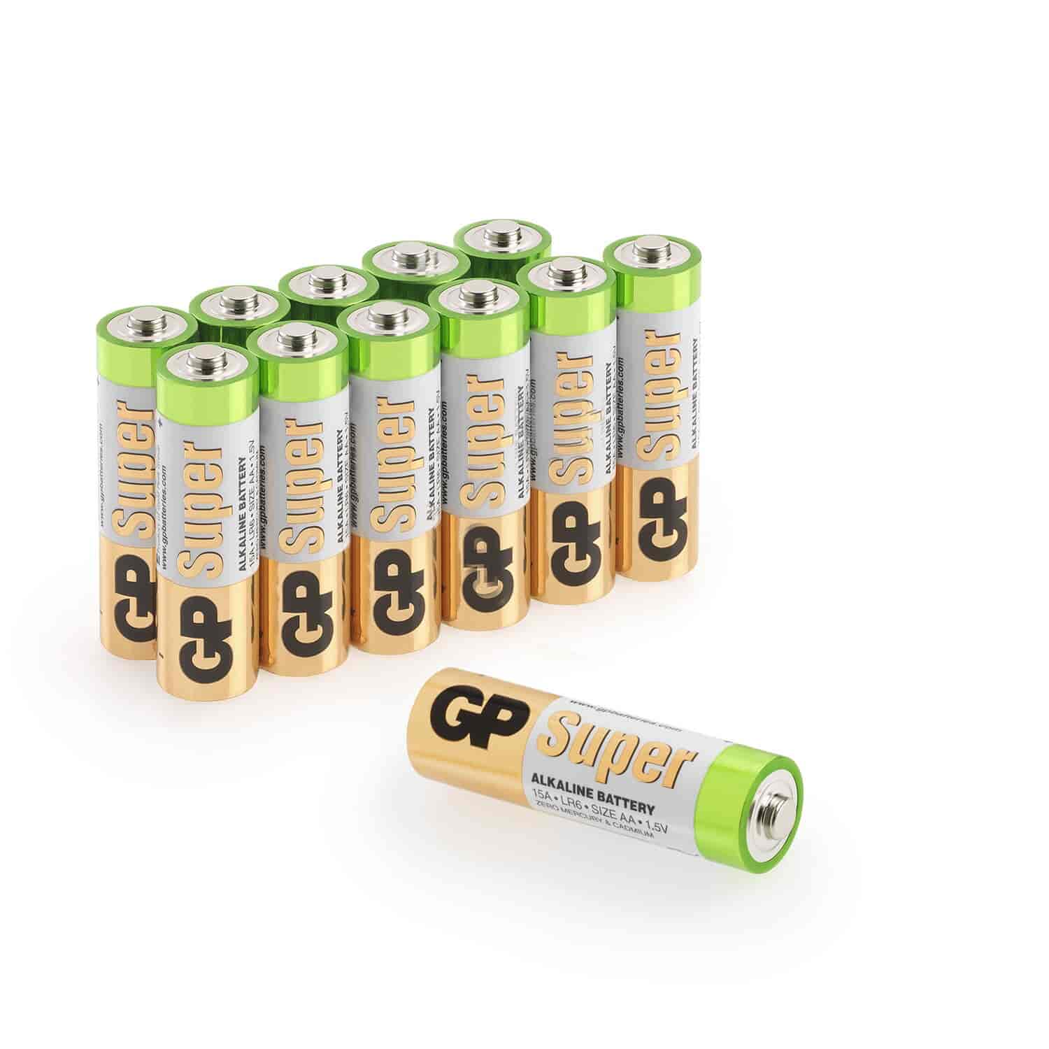 AA Batteri 1.5 Volt - GP Super alkaline batteri AA 12 PackAA Battery 1.5 Volt - GP Super alkaline battery AA. Longlife alkaline battery with a good balance between lifetime and price. Can be used for most tasks. AA batteries are also called LR6, E91 or Mignon. Diameter 14.5 mm. length 50.5 mm. - 12 PackGP